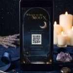 Midnight Celestial Whisper to the Moon RSVP on a phone screen with its QR reply code, beside lit pillar candles
