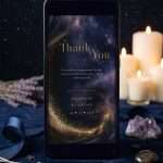Midnight Celestial thank you on a phone screen beside lit pillar candles and an amethyst cluster