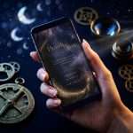 A hand holding a phone showing the Midnight Celestial thank you, above a brass compass and gold crescent moons