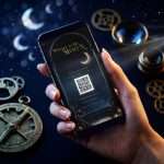 A hand holding a phone showing the Midnight Celestial Whisper to the Moon RSVP, above a brass compass