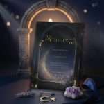 Midnight Celestial wedding invitation standing against a glowing stone arch, with dried lavender and amethyst