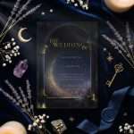 Midnight Celestial wedding invitation on a dark surface with dried lavender, a gold crescent moon, an antique key and amethyst
