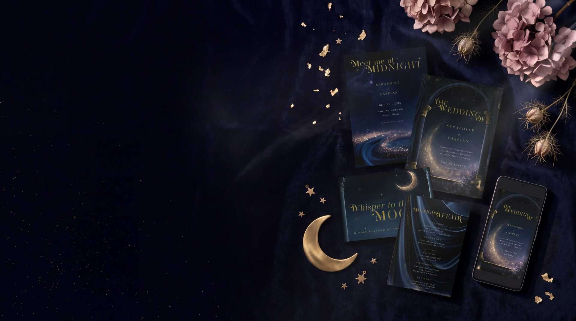 Midnight Celestial wedding stationery suite