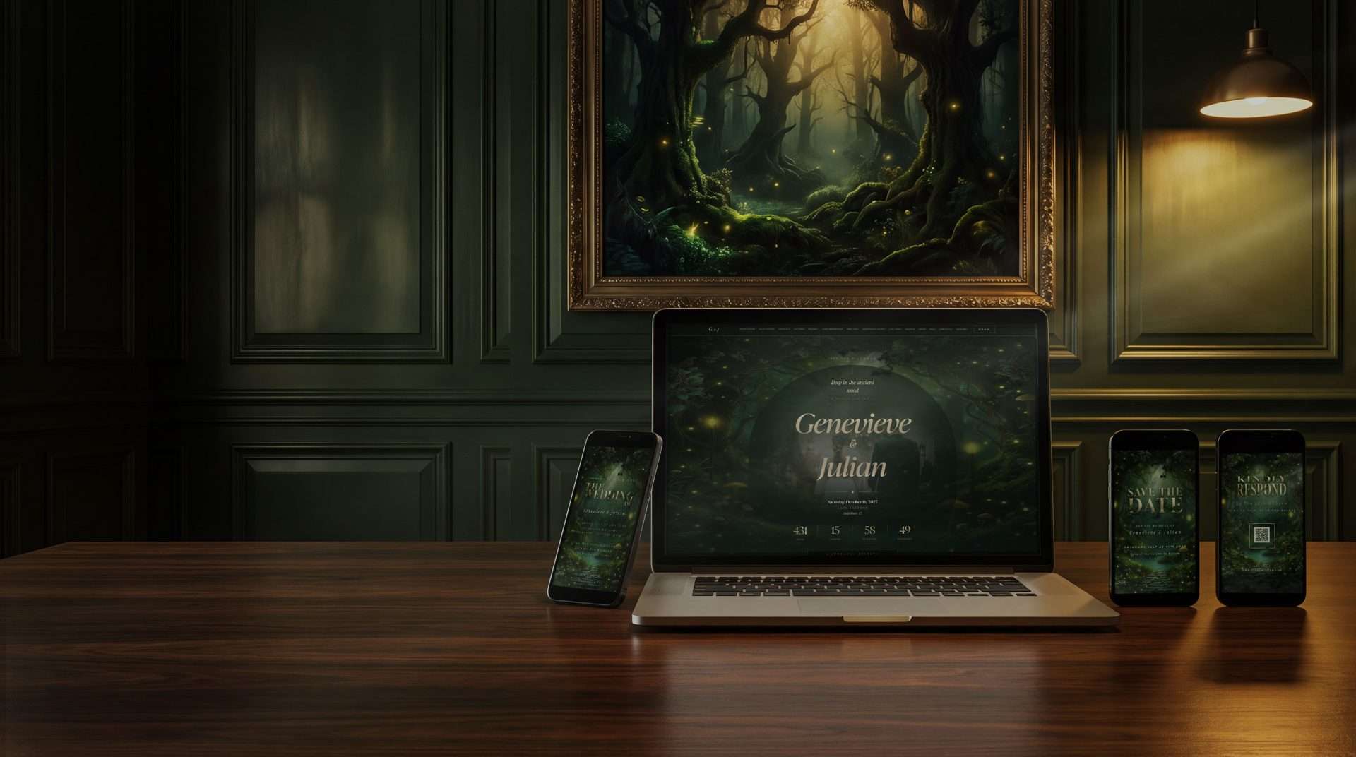 Enchanted Forest Digital Deluxe: mobile stationery plus ThornBloom Wedding Website