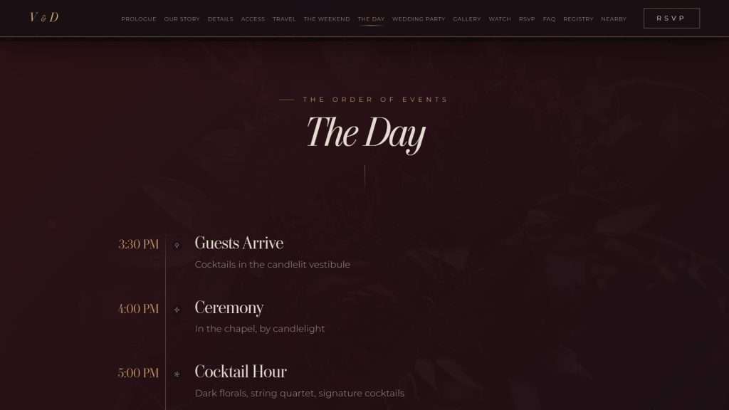 Dark Romance wedding website: day-of timeline section