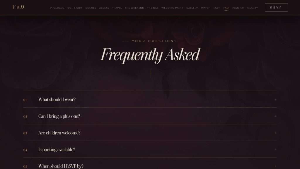 Dark Romance wedding website: FAQ section