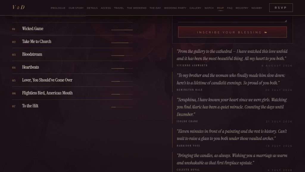 Dark Romance wedding website: digital guestbook section