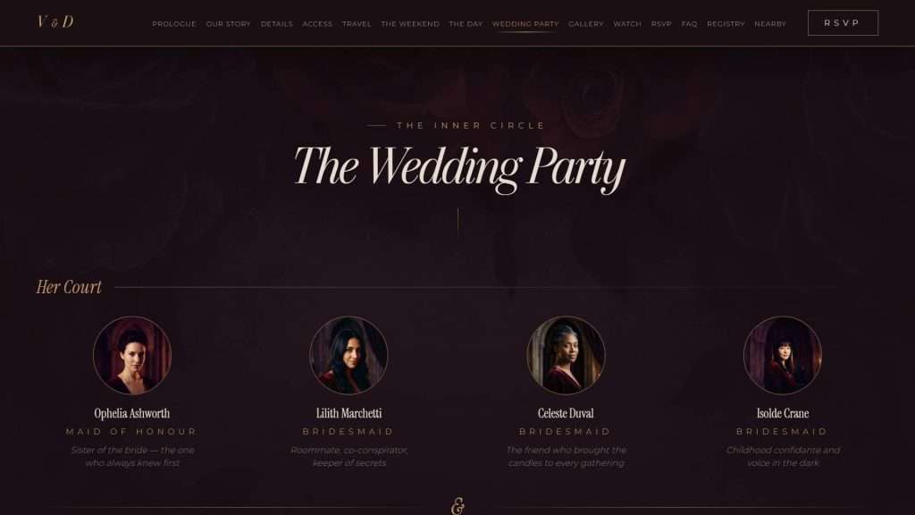 Dark Romance wedding website: wedding party section