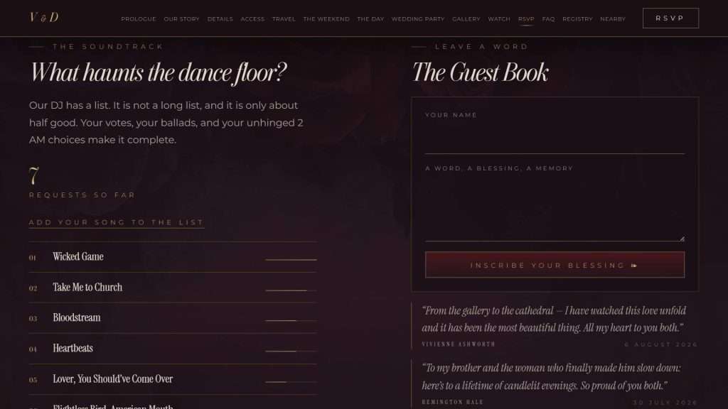 Dark Romance wedding website: song requests section