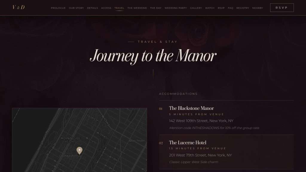Dark Romance wedding website: travel and accommodations section