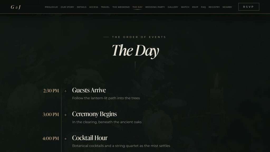 Enchanted Forest wedding website: day-of timeline section