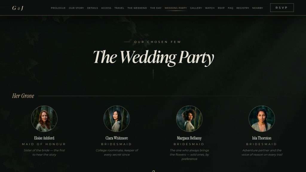 Enchanted Forest wedding website: wedding party section