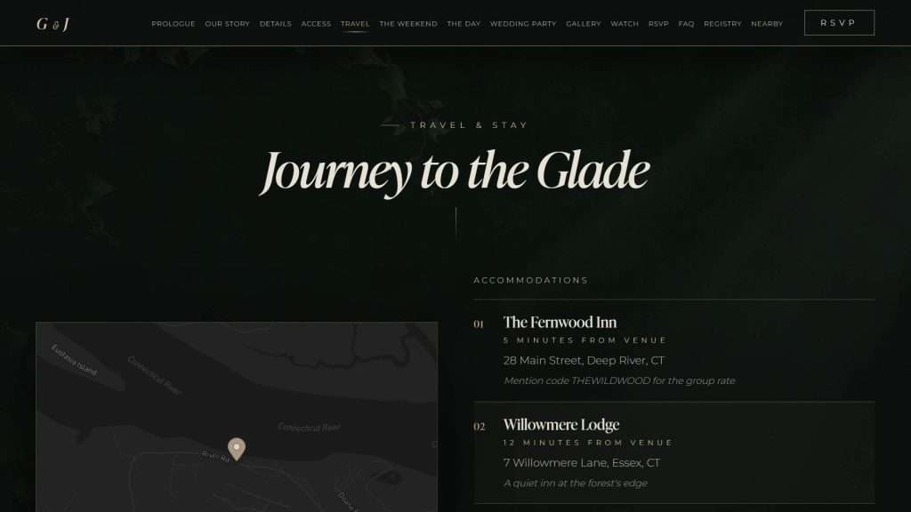 Enchanted Forest wedding website: travel and accommodations section