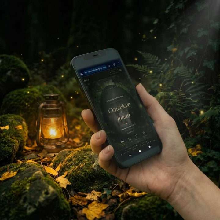 Enchanted Forest Wedding Website: Hand Holding Phone Hero, Enchanted Forest