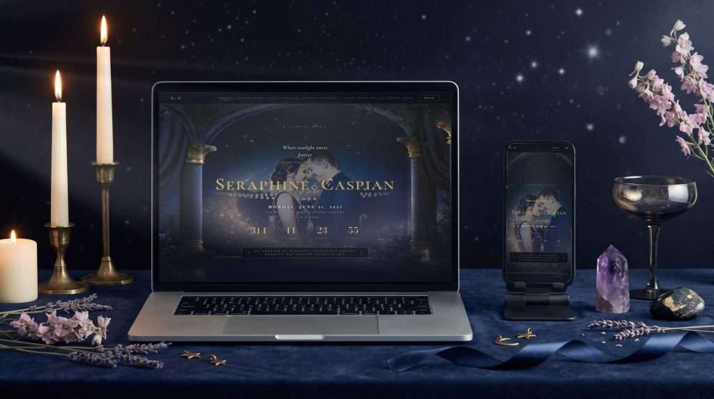 Midnight Celestial wedding website on laptop and tablet