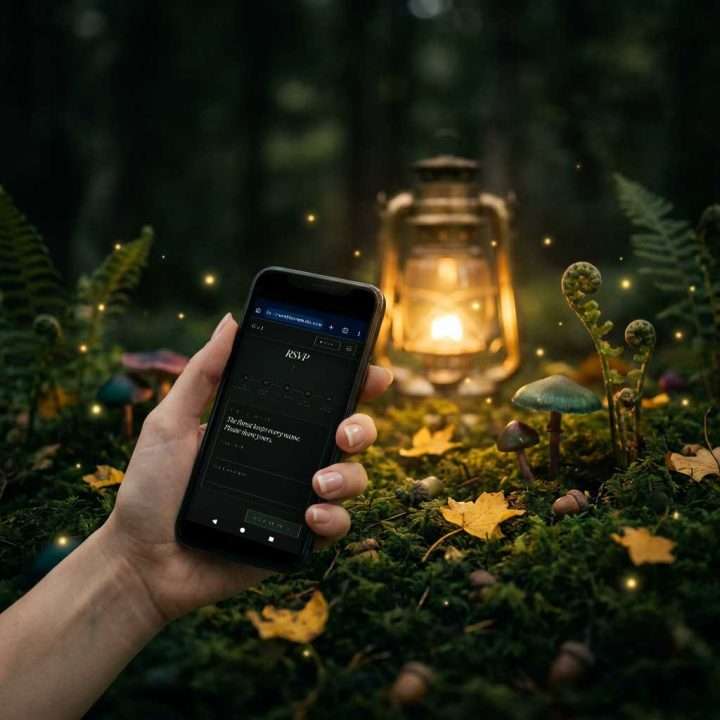 Enchanted Forest Wedding Website: Hand Holding Phone RSVP, Enchanted Forest
