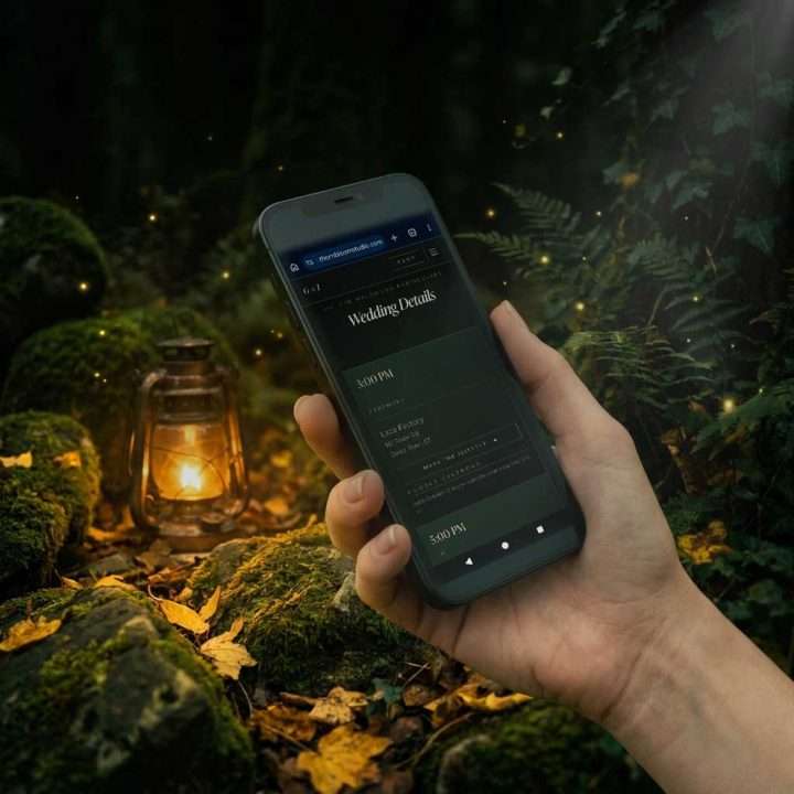 Enchanted Forest Wedding Website: Hand Holding Phone Details, Enchanted Forest