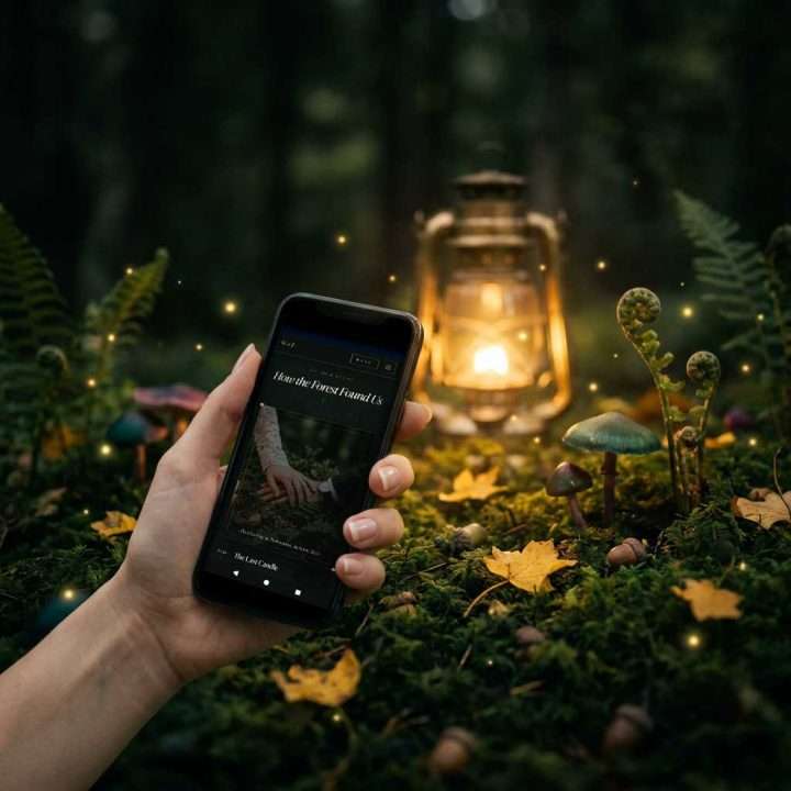 Enchanted Forest Wedding Website: Hand Holding Phone Our Story, Enchanted Forest