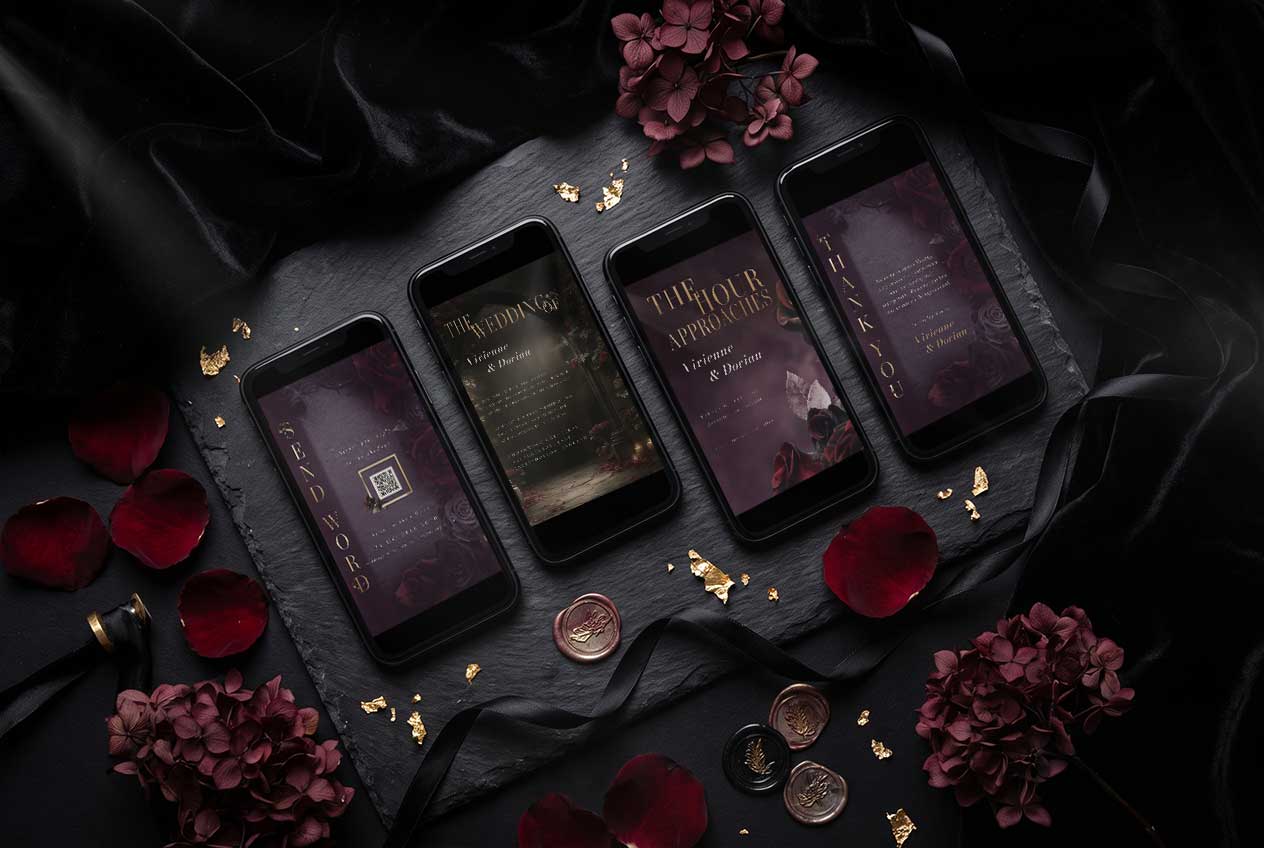 Dark Romance Digital Basic, 4 mobile wedding stationery pieces