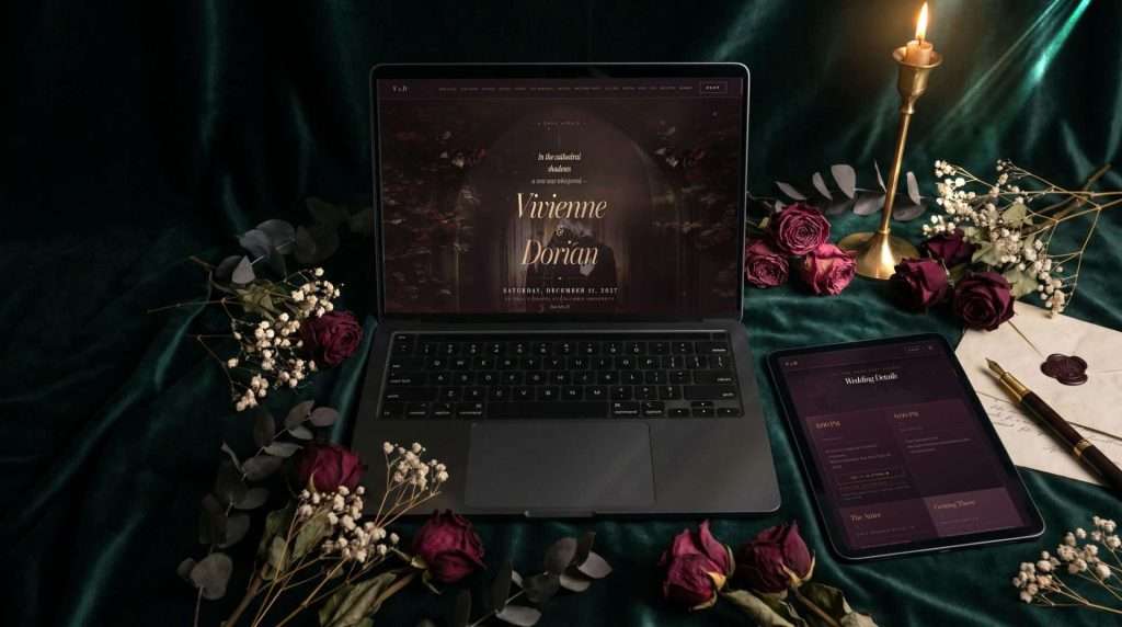 Dark Romance wedding website on laptop and tablet
