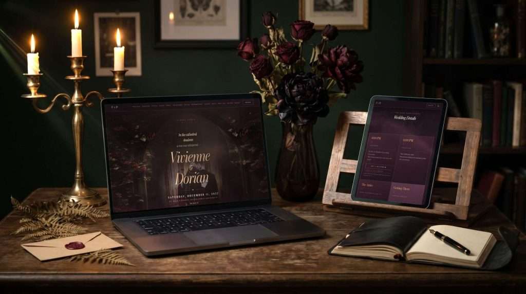 Dark Romance wedding website shown on a laptop and phone
