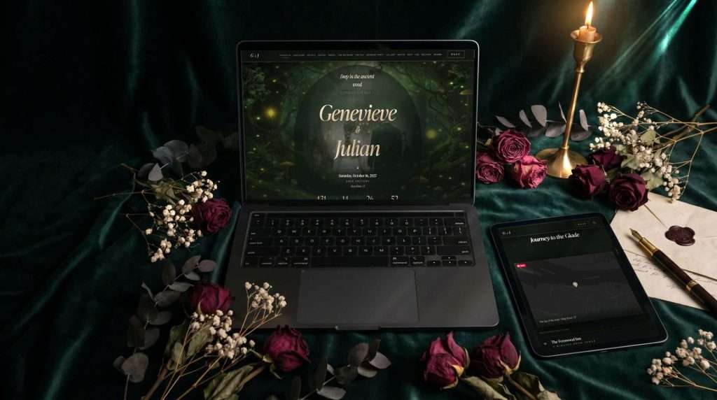 Enchanted Forest wedding website on laptop and tablet