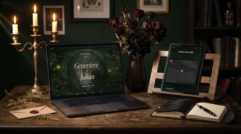 Enchanted Forest wedding website shown on a laptop and phone