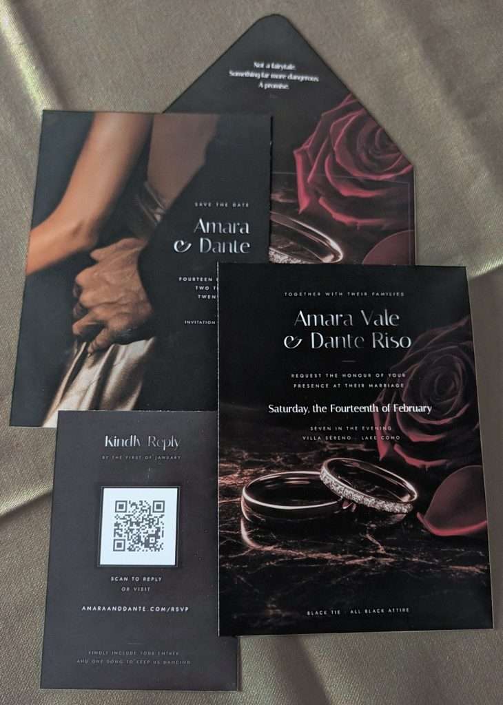 Obsidian Vow save the date card showing two entwined hands resting on dark silk fabric, photographed beside the wedding invitation and reply card.