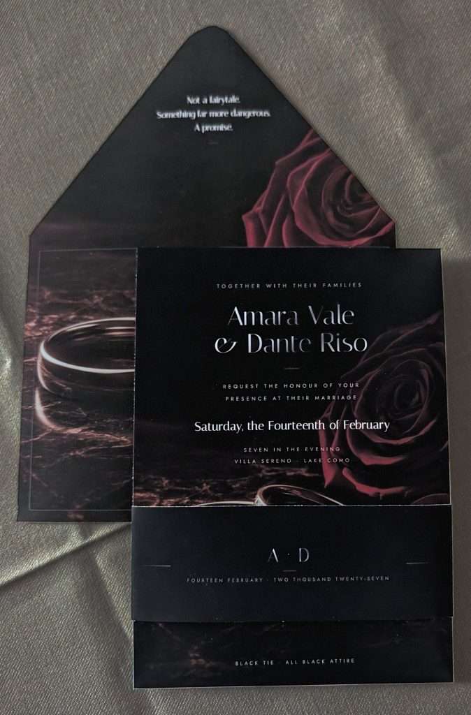 Obsidian Vow wedding invitation with two rings and a red rose on veined dark marble, wrapped with a black belly band.