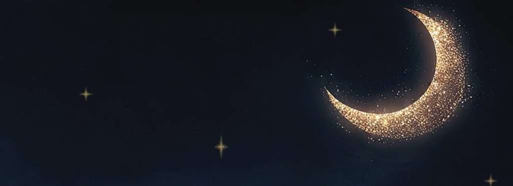 Close up of a gold glitter crescent moon and small stars on a dark navy background, from the Midnight Celestial reply card artwork.