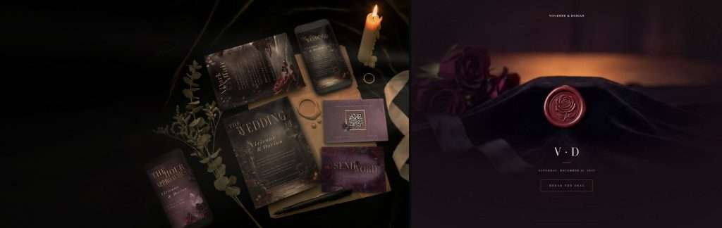 Side by side comparison of a printed Dark Romance wedding invitation suite and the matching Dark Romance wedding website landing page with its rose wax seal.