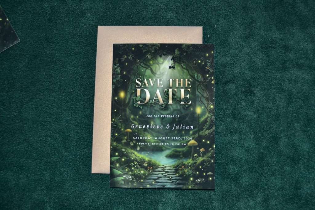 Enchanted Forest save the date on a grey mat with a gold envelope