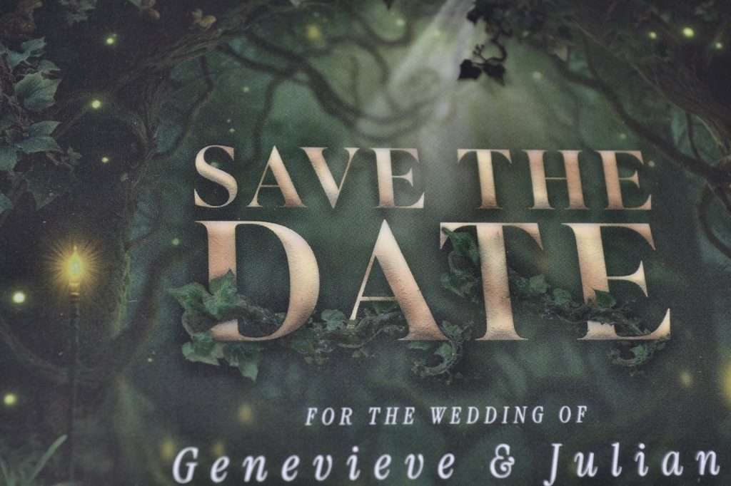 Enchanted Forest save the date card, full-bleed macro of the printed Save the Date typography