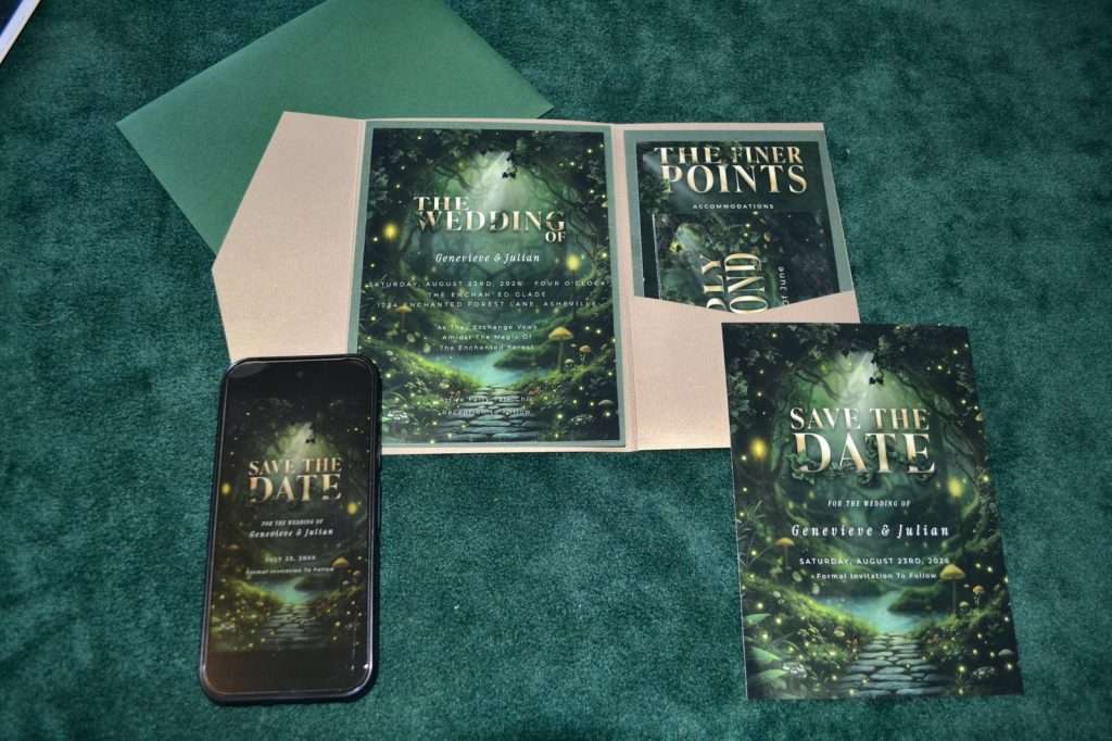 Enchanted Forest wedding stationery in its pocket folder with a smartphone showing the digital save the date, on green velvet
