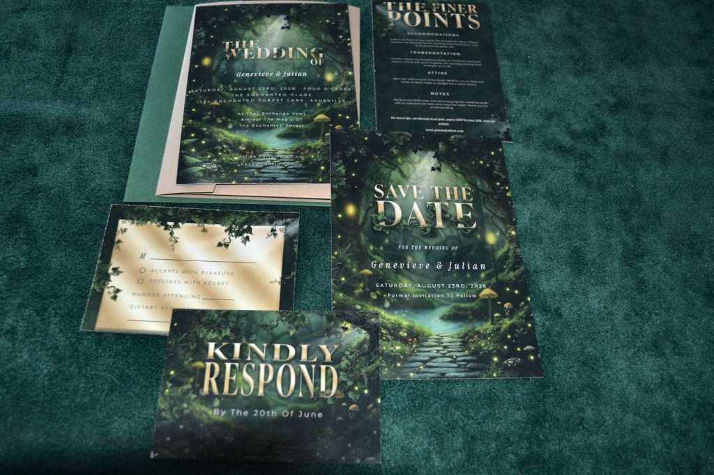 Enchanted Forest wedding stationery suite, invitation, details card and save the date, laid out on green velvet