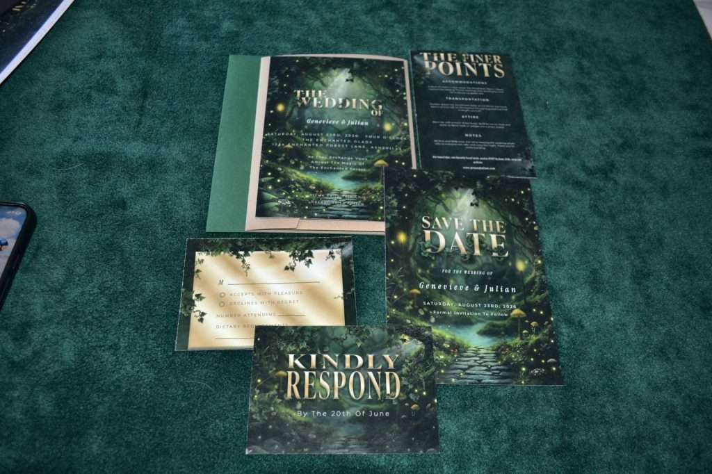 Enchanted Forest Kindly Respond RSVP card and envelope paired with the invitation suite on green velvet