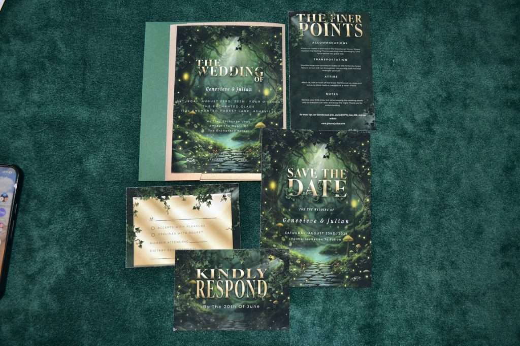 Enchanted Forest wedding stationery suite including the invitation, details card, save the date and Kindly Respond RSVP, on green velvet