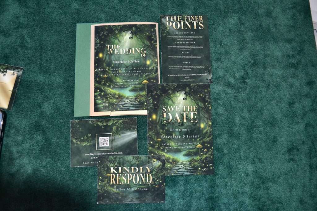 Enchanted Forest wedding stationery suite laid out on green velvet, with the RSVP card turned to show its QR code