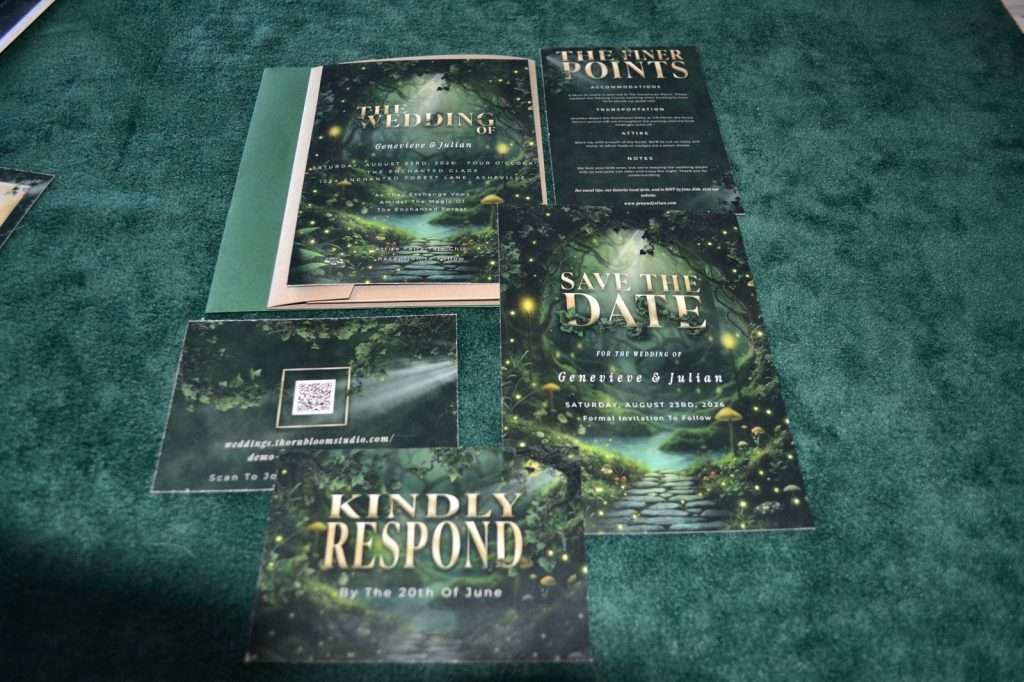 Enchanted Forest wedding stationery suite in its pocket folder with the save the date and Kindly Respond RSVP, on green velvet