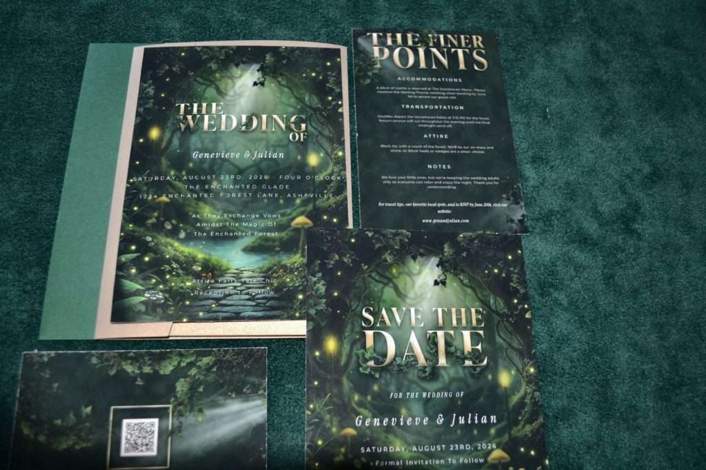 Enchanted Forest wedding stationery suite with the Kindly Respond RSVP turned to show its QR code, on green velvet