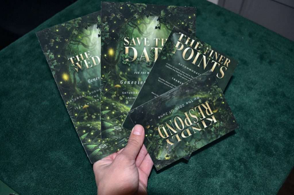 Hand holding a fan of Enchanted Forest wedding stationery cards, including the invitation, save the date and Kindly Respond, over green velvet