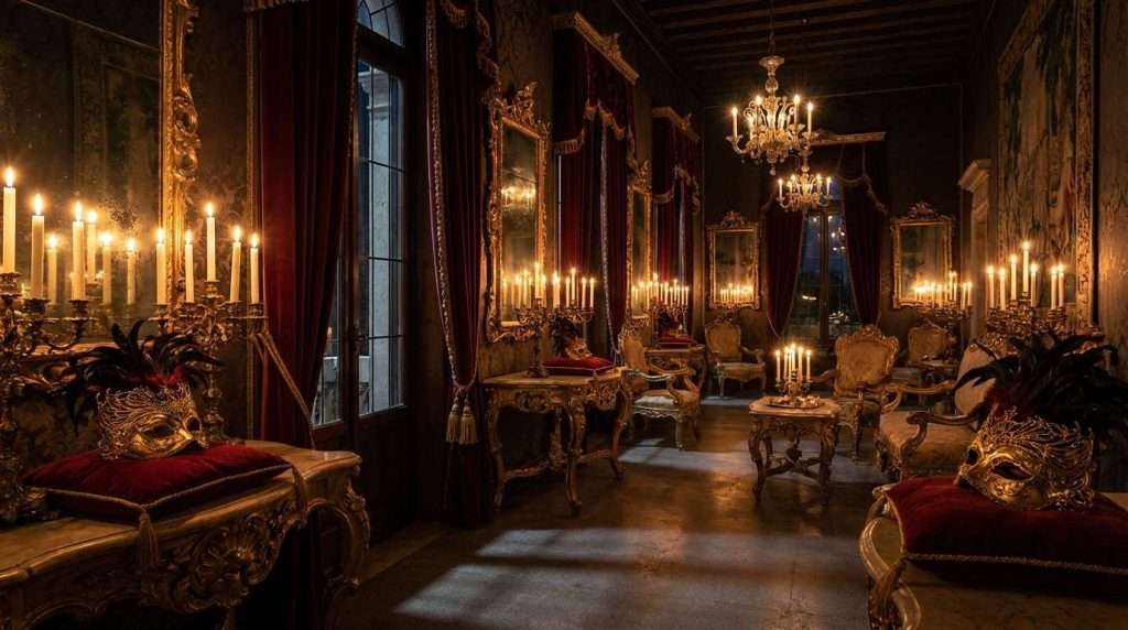 Venetian masquerade room with red velvet drapes, gilded mirrors and candelabra, two ornate masks resting on cushions
