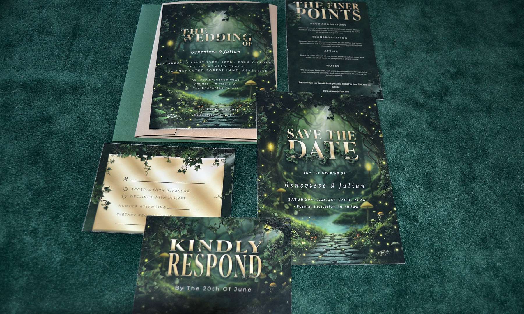 Enchanted Forest Essentials Suite pieces laid out on green velvet