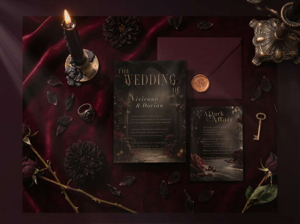 Dark Romance invitation and details card on velvet with dark red roses and dahlias