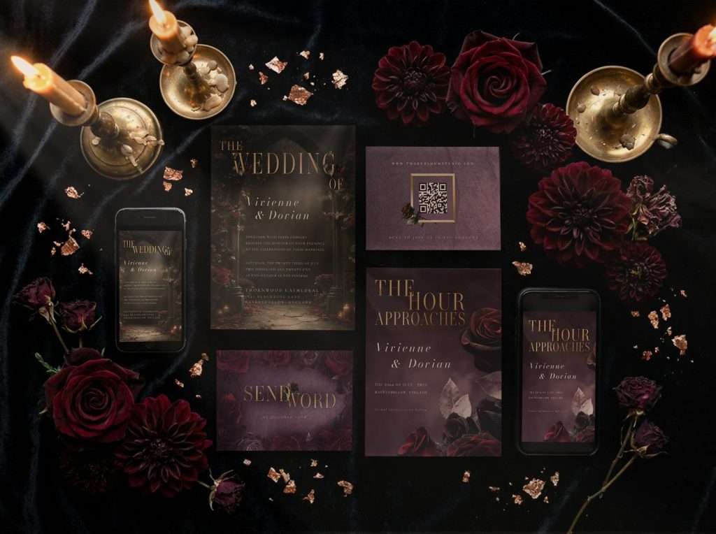 Complete Dark Romance wedding stationery suite with invitation, RSVP and details pieces on dark velvet