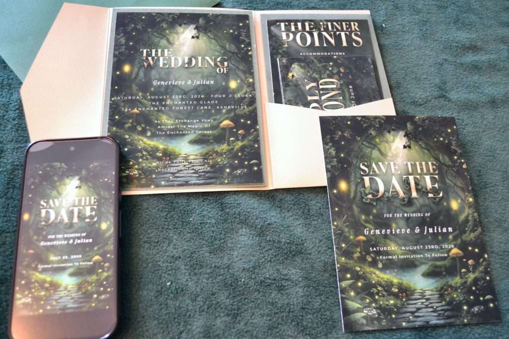 Enchanted Forest wedding stationery suite flat lay with printed folder and phone