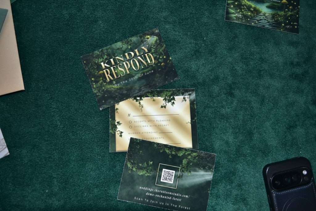 Enchanted Forest RSVP card paired with a gold reply card