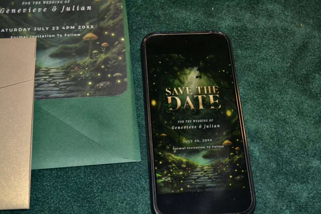Printed Enchanted Forest save the date card next to a phone showing the same design as a digital save the date
