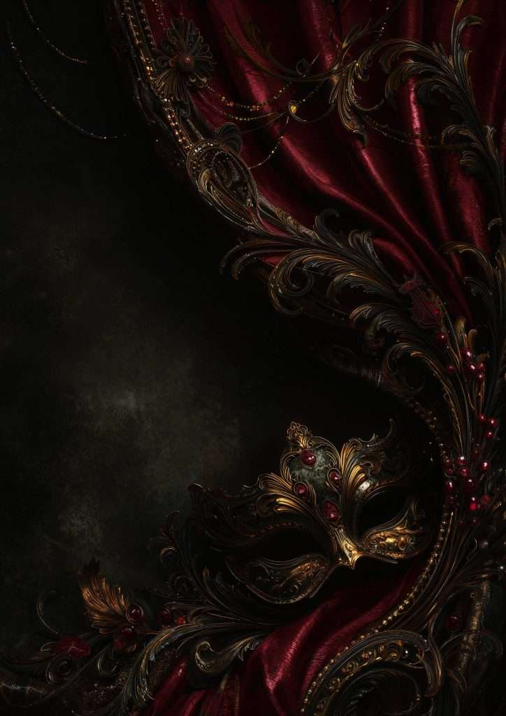 Venetian mask on deep red velvet with ornate gold filigree, close macro detail