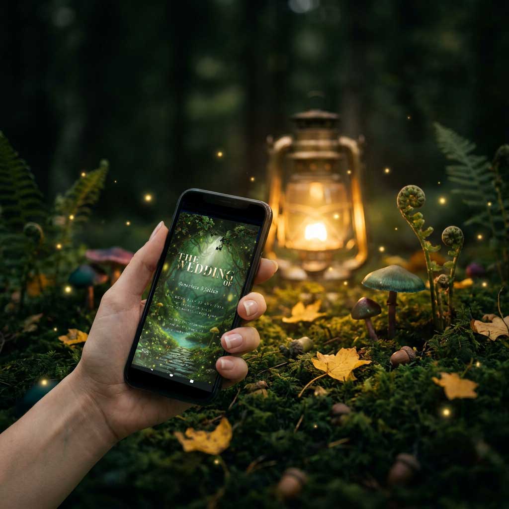 Digital Enchanted Forest wedding invitation displayed on a smartphone, held over a mossy forest floor beside a lit lantern
